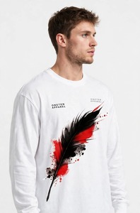 Oneten Apparel Camiseta blanca de manga larga para hombre con cuello redondo y estampado de plumas en negro y rojo - Product Image 3