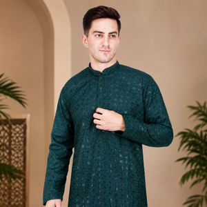 Conjunto de Kurta y Pijama de Rayón con Lentejuelas Bordadas para Hombre |   Traje Tradicional Indio de Manga Larga para Novio, Ropa Étnica de Diseñador para Fiestas - Product Image 4