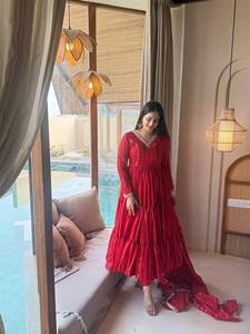 Red Floor-Length Cotton <b>Kurti</b> With Gold Embroidery Traditional <b>Indian</b> Pakistani Women Party Wear Loose Fit Summer Dress - Product Image 2