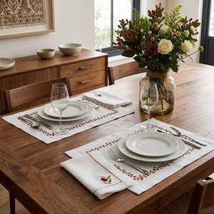 Custom Wholesale Embroidery Red Flower Patterns Placemat&Napkin Set for Home Restaurant Cotton Red Border Mats - Product Image 1