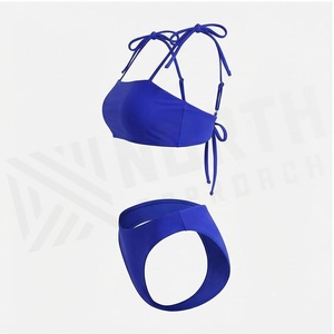 NORTH AMROACH Ensemble de bikini bandeau bleu roi pour femme avec bretelles à cordon et bas de string, maillot de bain extensible de couleur unie - Product Image 3