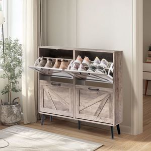 Scarpiera con Ante a Ribalta in Metallo Nero e Legno Massello, con Maniglia Monolaterale e Pannello in Truciolato Melaminico - Product Image 2