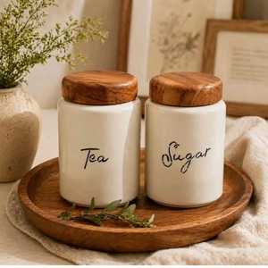 Ceramic Tea Sugar <b>Storage</b> Jars With Wooden Lids Airtight Kitchen Container Minimalist Design - Product Image 1