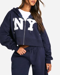 Custom <b>NY</b> Self Fabric Applique Women's Winter <b>Hoodies</b> Full Sleeve Boxy Zip-Up Stonewashed 100% Cotton Fleece Hooded Gym - Product Image 1