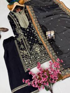 Black Cotton Embroidered Salwar Kameez Set <b>Women</b> <b>Kurti</b> Palazzo Dupatta Traditional Wedding Party Outfit Quick Dry India Pakistan - Product Image 5