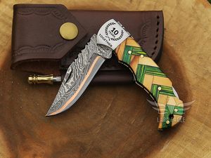 Handmade Back <b>Lock</b> Folding Pocket Knife Damascus Steel Pakka Wood Handle Mosaic Design Belt Loop Sheath Wholesale Outdoor - Product Image 5