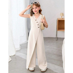 Combinaison asymétrique à boutons sur le devant pour filles, combinaison palazzo sans manches à col en V pour enfants - Product Image 3