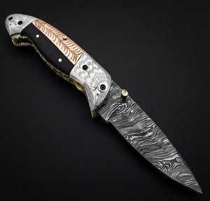 Couteau pliant multifonctionnel fait main en acier Damas pour le camping et la chasse, avec étui en cuir, OBM OEM - Product Image 3