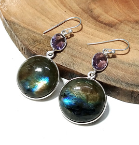 Labradorite Amethyst Drop <b>Earrings</b> Natural Gemstone Solid 925 Sterling <b>Silver</b> Handmade Dangle Bohemian Style Certified Wholesale - Product Image 5