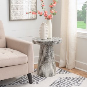 Round Bone Inlay Side Table With Mosaic Pattern Contemporary Design For Living Room Durable Glossy Finish Standing Type - Product Image 2
