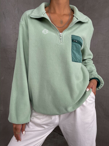 Women's Quarter Zip Polar Fleece Sweatshirt Stand Collar Oversized Chest Pocket Contrast Trim Streetwear Hoodies Custom Logo - Product Image 3