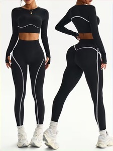Seamless 2 Piece Gym Outfits Women Contrast Piping Long Sleeve Crop Top with High Waisted Lift <b>Workout</b> Leggings Activewear Set - Product Image 4