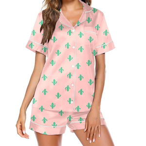 Ensemble pyjama en satin à manches courtes pour femmes, avec boutons sur le devant, garniture blanche, vêtements de nuit élégants pour l'été - Product Image 5