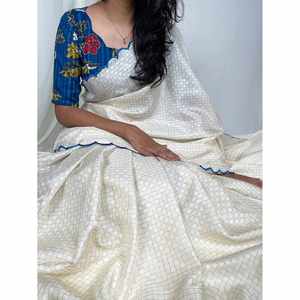 FANCY GADHWAL CHEX ARCA WORK SAREE CON BLUSA DESCOSTIZADA BLANCO - Product Image 1