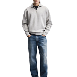 Sudadera gruesa con cuello polo y cremallera de un cuarto |   Suéter con Cuello Alto y Media Cremallera para Hombre, Gris, 100% Algodón, Felpa Francesa - Product Image 1