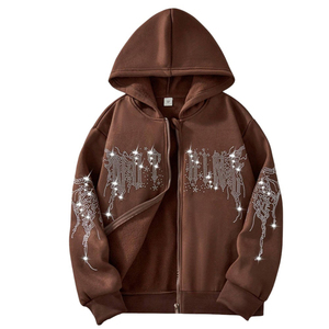 Service OEM ODM – Nouveau sweat à capuche zippé marron pour homme, coupe oversize, imprimé strass, tissu épais, effet diamant brillant, style streetwear - Product Image 1