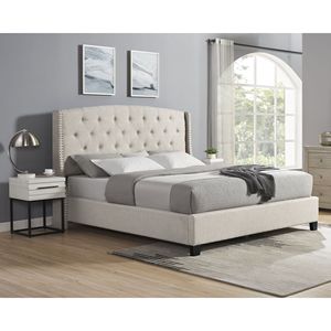 Set Camera da Letto Imbottito Astral a 3 Pezzi con Letto Wingback e Due Comodini Bianchi - Product Image 1
