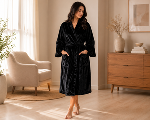 Peignoir Kimono en Velours Noir pour Femme – Luxe, Doux et Chaud, Col en V, Manches Longues, Poches – Idéal pour l'Hiver, Vêtement de Nuit Romantique - Product Image 1