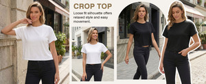 T-shirt court en maille unie décontracté à manches courtes et col rond pour femme, coupe ample, idéal pour le printemps et l'été au quotidien - Product Image 5