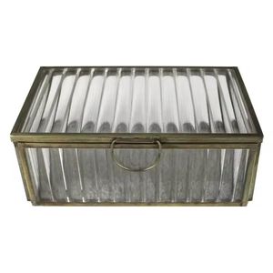 Vintage Style Ribbed Glass Jewelry Box <b>Antique</b> Brass <b>Frame</b> Lidded Glass Keepsake Case Rectangular Decorative Display Organizer - Product Image 1