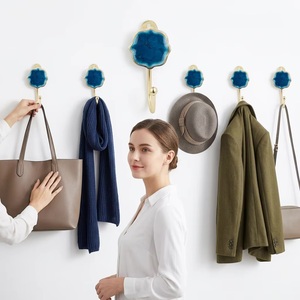 Modern Ceramic Wall <b>Hook</b> with Blue Flower Design Gold Finish <b>Single</b> <b>Hook</b> for Clothing Storage - Product Image 2