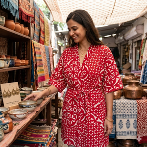 Robe de Nuit Courte de Luxe en Coton Tissé à la Main Rouge à Motifs Floraux, Col en V, Manches Longues, pour Femme - Vente en Gros - Product Image 4