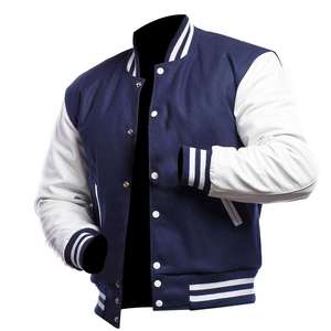 Veste de sport marine pour homme, manches blanches, col rabattu, fermeture boutonnée, couleur unie, style preppy, vêtement d'automne - Product Image 1