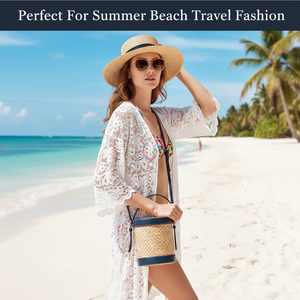 Sac rond en paille tressée à la main pour femme, sac à bandoulière en osier fait main, style bohème, pour l'été et la plage, petit sac à main tissé en forme de boîte - Product Image 6