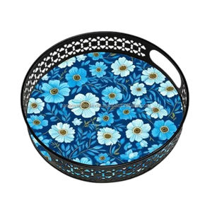 Nouvel arrivage Plateau de service élégant en métal avec imprimé floral et poignées découpées, parfait pour servir des collations, des boissons, du thé et du café - Product Image 6