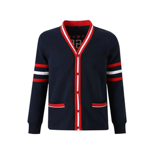 Cardigan en molleton de haute qualité pour homme, col en V, bleu marine, avec bordure rouge et blanche, manches longues, fermeture boutonnée, vêtement d'automne - Product Image 1