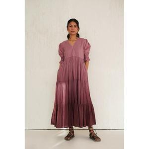 Gorgeous V-Neck A-Line Maxi <b>Dress</b> Cap Sleeve Simple Natural 100% Cotton <b>Tiered</b> Pleated Romantic Summer Style Women Wholesale - Product Image 5