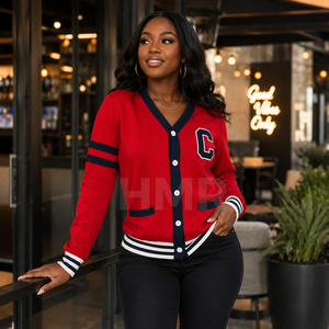 HMR Sisterhood Sorority Acrylic Embroidered Crest Button Front Knit <b>Red</b> V Neck <b>Cardigan</b> Long Sleeve Contrast Trim Sweater - Product Image 3