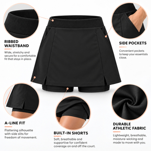 Factory Custom Black A Line Tennis <b>Skort</b> <b>Women</b> Ribbed Waist Side Slit Inner Shorts Sports Mini Skirt <b>for</b> Running Golf Bulk Order - Product Image 6