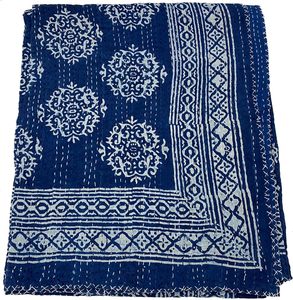 Hand Block Printed Kantha <b>Quilt</b> Blue Cotton Traditional Indian Stitched Eco-Friendly Wedding Hotel Folded Home Decor <b>Throw</b> Cover - Product Image 5