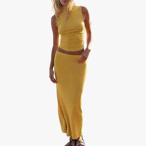 Premium Quality Women's Yellow Knitted 2-Piece Set Sleeveless Turtleneck Top Full Length <b>Skirt</b> Spring Summer Minimalist Style - Product Image 3