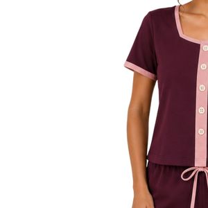 Burgundy And Pink Women Two Piece Shorts Set Square Neck Button <b>Top</b> Contrast Trim Graphic Print Casual Summer Cotton Lounge Wear - Product Image 3
