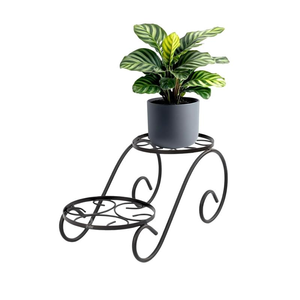 Soporte para Plantas de 2 Niveles con Estantes de Madera y Marco de Metal Negro con Diseño en Forma de S, Decorativo, para Interiores, para Macetas - Product Image 5