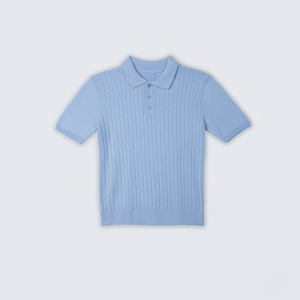 Polo en maille bleu clair à manches courtes pour homme, tricot torsadé, design décontracté, boutons sur le devant, coupe classique, 100 % acrylique, infroissable - Product Image 1