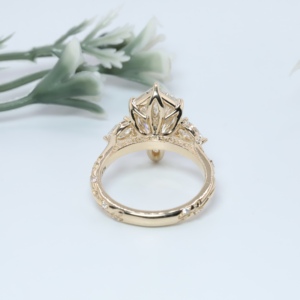 Vintage Yellow Gold Elongated Hexagon Cut Lozenge Lab Grown <b>Diamond</b> Engagement <b>Ring</b> Three Stone Pear Accent Engraved Anniversary - Product Image 3