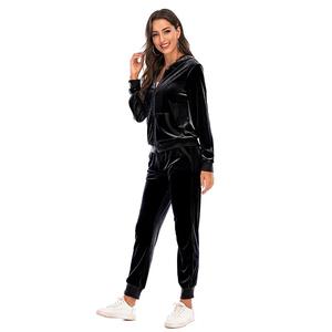 Ensemble de survêtement réversible pour femme en velours bleu épais, avec pantalon de jogging large et sweat à capuche court - Product Image 6