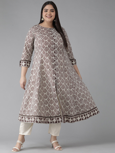 <b>Women's</b> Plus Size Brown Cotton Geometrical Printed Anarkali Kurti With Round Neck And Elegant Sleeves Comfortable Wear - Product Image 1