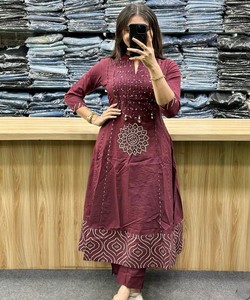 Women Traditional Cotton Salwar Kameez Dupatta Maroon Casual Party Wear India Pakistan Style Regular Fit Regular Length Quick - Product Image 3