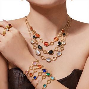 Ensemble de bijoux de luxe plaqué or 18 carats avec pierres multicolores, collier et bracelet pour femme, cadeau de fête ou de mariage - Product Image 1