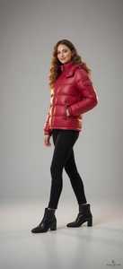 Women's Red Quilted Jacket Full Sleeve Stand Collar Zipper Closure Windproof Winter <b>Coat</b> Solid Color Polyester Wadding - Product Image 6