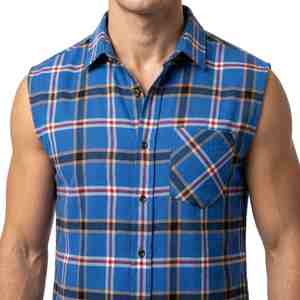 Camisa de Franela a Cuadros sin Mangas para Hombre, Estilo Primavera, de Algodón, Azul, Casual, con Botones, Cuello Camisero, Transpirable - Product Image 4