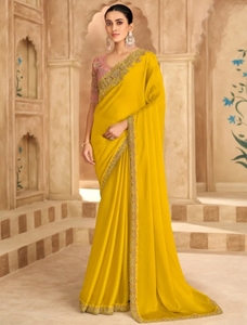 KV Women's Embroidered Designer Bollywood Silk <b>Satin</b> <b>Saree</b> with Reversible Wrinkle-Free Unstitched Blouse (Yellow) - Product Image 6