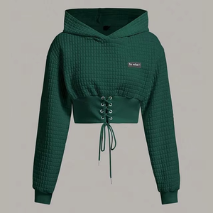 Women's Green Cropped Hoodie Long Sleeve <b>Quilted</b> Lace-Up Front Casual <b>Sweatshirt</b> Solid Color Autumn Wear - Product Image 1