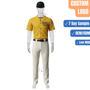 Ensemble de maillot et pantalon de baseball personnalisé à rayures dorées, col en V, sublimé, vente en gros pour équipes - Product Image 1