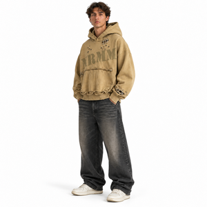 Sweat à capuche pour homme avec épingle de sûreté, effet vieilli, coupe oversize, style streetwear vintage, motif graphique, logo personnalisé, marque privée, fabricant grossiste - Product Image 4
