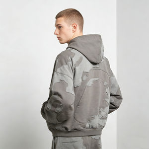 เสื้อฮู้ดดี้ผู้ชายสไตล์วินเทจสีเทาแบบมีรอยขาดแต่งผ้าปะติด ทรงโอเวอร์ไซส์ สวมใส่สบายๆ สไตล์สตรีทแวร์ - Product Image 3